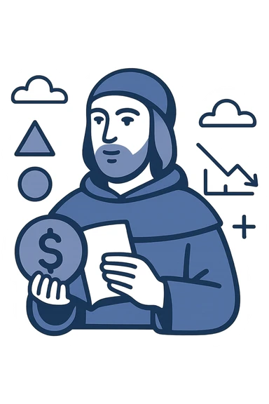 flat design logo for a fintech startup, referencing Luca Pacioli, with abstract mathematical symbols and clean lines sticker
