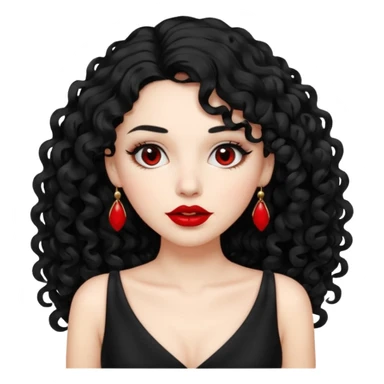 long black curly hair with white skin black dress and lipstick sticker