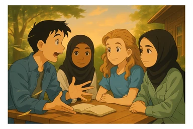 Continuation of the image: The boy is speaking, the three others are listening. The wind is blowing, visible in the hair, clothes, and pages of the book. Keep the faces very close to the original, same setting, outdoor ambiance, evening light. sticker