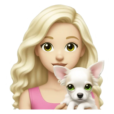 pale blond girl with wavy long platinum hair with green eyes holding a white chihuahua puppy that wearing a pink bow sticker