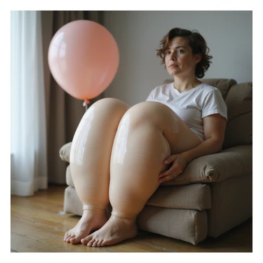realistic woman with very swollen legs like balloons, posing next to a large balloon to highlight the swelling of the legs, natural colors, neutral atmosphere sticker