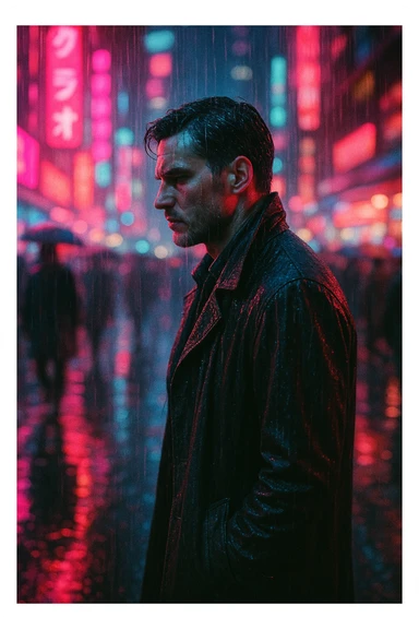 cinematic cyberpunk portrait of a man walking through a neon-lit futuristic city at night, heavy rain, soaked trench coat, neon reflections on wet street, dramatic side profile, serious expression, vibrant pink and blue ambient lighting from neon signs, busy urban street with motion blur of rushing crowd, shallow depth of field, shot on 35mm film, detailed textures, moody Blade Runner atmosphere, camera 35mm lens aperture f/1.4, lighting ambient neon rim lighting, colors neon cyan magenta purple electric blue hints of deep red, mood introspective tense noir detective, post-processing analog film grain slight chromatic aberration sticker