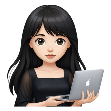 Beautiful white girl, with dark very long hair with bang, wearing black dress, holding MacBook  sticker
