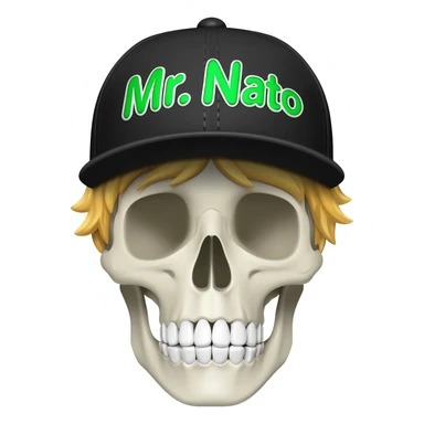 Create a skeleton head wearing a black baseball cap that says " Mr. Nato " in green, and white lettering, with blonde hair sticker