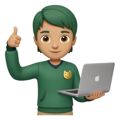 3D clay character standing confident, laptop under arm, thumbs up, deep green (#0B3D2C), cream laptop, gold accents, cute rounded, transparent background sticker