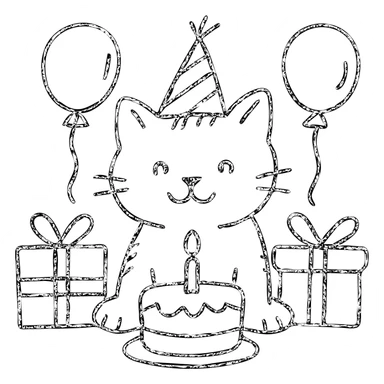 outlined icon of a kitten with a birthday hat, surrounded by balloons and presents, smiling, with a birthday cake sticker
