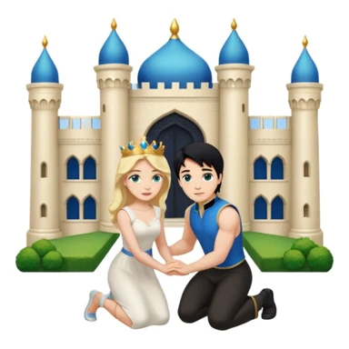 Man as prince, black Hair, blue eyes, woman, blonde, green eyes, shott white sleveless Dress, kneeling, background palace sticker