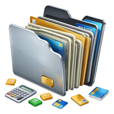 Closed folder icon with small symbols floating around: bank building, credit card, calculator, and document – organized financial archive sticker