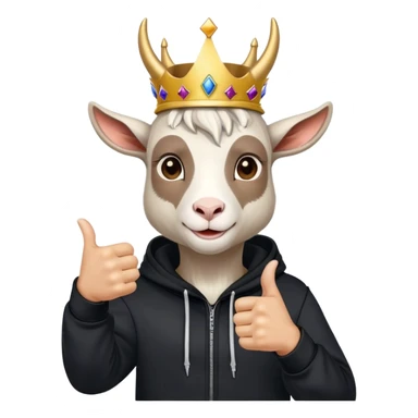Goat with horns wearing black hoodie and a royal crown thumb up sticker