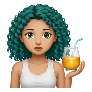 Girl with olive skin, teal eyes, and dark loose curly long hair, pretty white tank top sticker