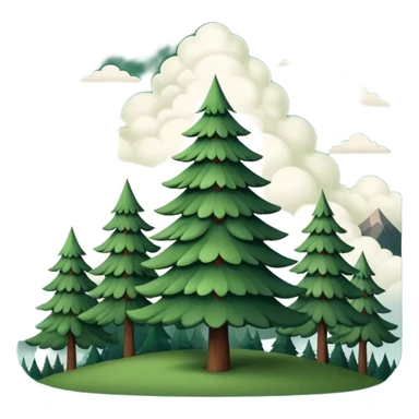 simple single evergreen tree with clouds and mountain in Scandinavian folk style, dark neutral forest colors, favicon or emoji style sticker