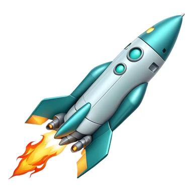 robotic teal spaceship launching to the right with rocket flames sticker