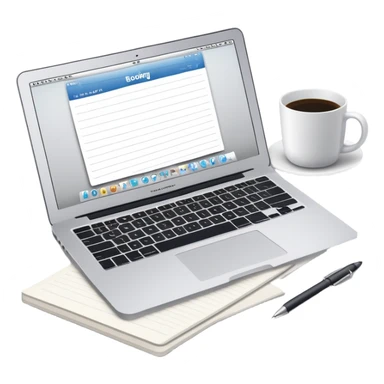 online booking system on MacBook screen beside a classic paper notebook and pen sticker