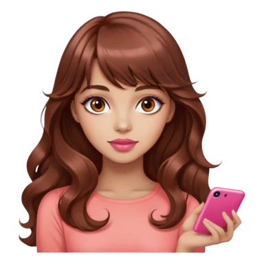 gorgeous woman, light tan skin, big dark brown eyes, very long wavy auburn hair, bangs, pink top, coral lipstick, posing sticker
