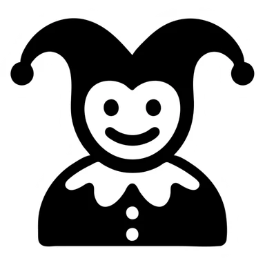 crazy colorful cute little cat jolly joker from poker, medieval, vintage, court jester, mac os icon, purple, gold and red color, head + torso. Squared shape as 3D mac os icon, symmetrical sticker