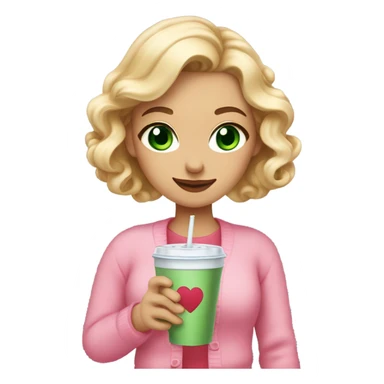 woman with green eyes and long curled blonde hair with a pink bow in her hair, wearing a pink cardigan with a red hearts and she is holding an iced coffee sticker