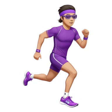 Бегущий мужчина в обтягивающих шортах и в футболке фиолетового цвета на которой написано progressive run, на голове у него повязка, темные волосы и беговые очки , на ногах модные яркик кроссовки  sticker