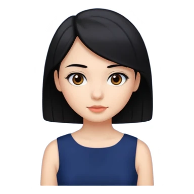 A girl with black hair, dark brown eyes, a beautiful face, short, straight hair to the shoulders, and a navy blue dress. sticker
