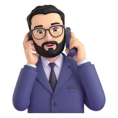 businessman with medium black beard, black hair styled to one side, connected unibrow, olive skin, brown eyes, glasses, prominent nose, in formal black jacket, in the process of dialing or answering phone call, with subtle modern office environment sticker