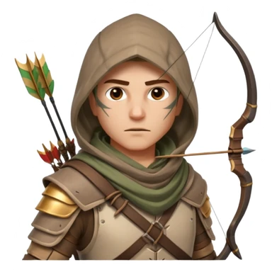 desert archer warrior portrait, head and shoulders only, hooded scarf collar, quiver strap visible, sharp focused eyes, 3D cartoon, mobile game icon style, clean background, no text, no watermark
 sticker