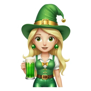 Blonde haired pretty woman with freckles glittery green bell bottoms and tall leprechaun hat holding a green beer sticker