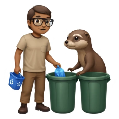 an otter disguised as a man picking up trash bins, next to a mad scientist sticker