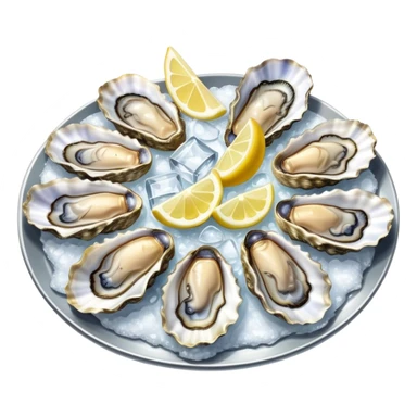Cinematic fresh oysters on the half-shell, glistening with seawater, served with lemon wedges and ice, soft glowing highlights, elegant and luxurious. sticker
