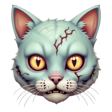 zombie cat portrait, head and shoulders only, pale fur, cracked skin patches, eerie glowing eyes, mischievous undead vibe, 3D cartoon, mobile game icon style, clean background, no text, no watermark
 sticker