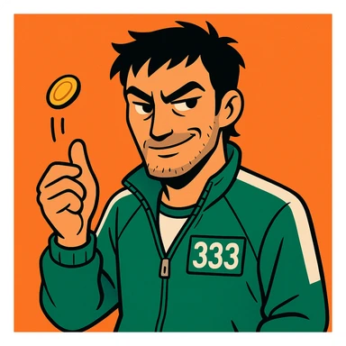 male character in a green Squid Game tracksuit with number 333, smirking, sharp black eyes, messy short black hair, slight stubble, flipping a coin, mysterious and strategic expression, modern illustrated style sticker