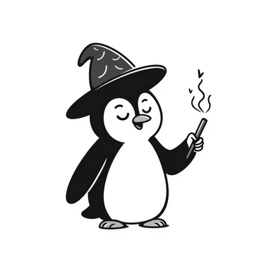 hand-drawn penguin with wizard hat and wand casting magic sticker