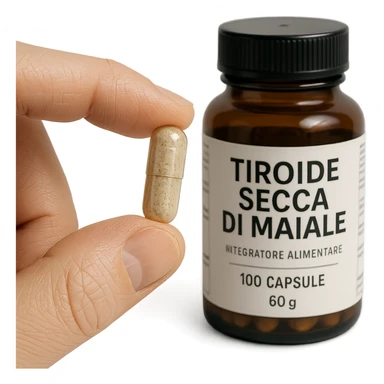close-up of a hand holding a capsule of 'Tiroide Secca di Maiale' supplement, jar with readable label in the background, pharmaceutical style, 4K hyperrealism sticker