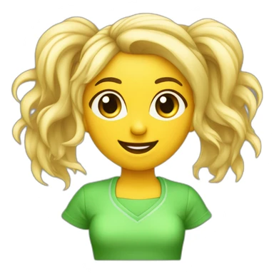 Chica cara redonda rubia pelo rizado largo y flequillo con ropa verde lima muy sonriente delante ordenador sticker