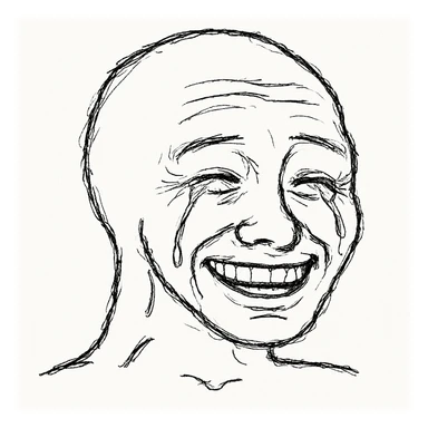 Wojak meme face, smiling, with tears of joy, simple line art sticker