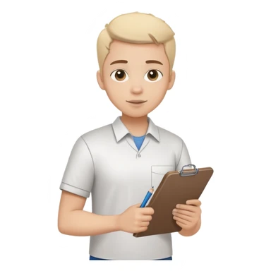 intern or volunteer holding a clipboard and pencil, ready to take notes or assist. The character wears a simple shirt and has an eager posture sticker