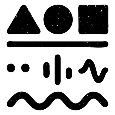 abstract minimalist solid icon of geometric shapes below a horizontal line, with abstract data streams of lines, dots, or waves, worn and distressed effect sticker