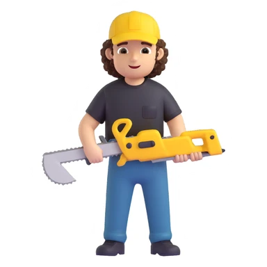 create a character with a saw, cute guy, curly, in a black t-shirt and a yellow cap, in 3d sticker