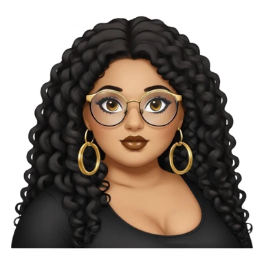 big plus size, latina, darker tan skin, gold hoops, long black curly hair, baddie,pretty, makeup, lipgloss, black eyeliner, long hair, black top, black glasses sticker