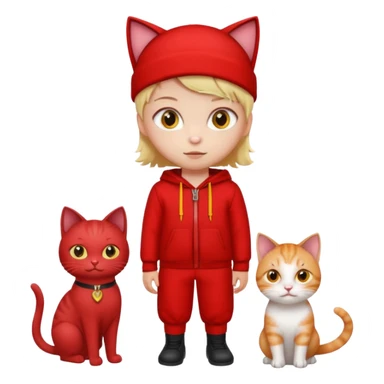 There is a kid wearing all red. Next to him there is a cat that has a red cat outfit and the cat has yellow eyes sticker