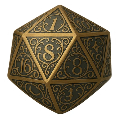 Rotate the D20 dice so the side facing the viewer shows the number 1. Preserve the fantasy style with ornate engravings, mystical symbols, and an elegant look. No background. sticker