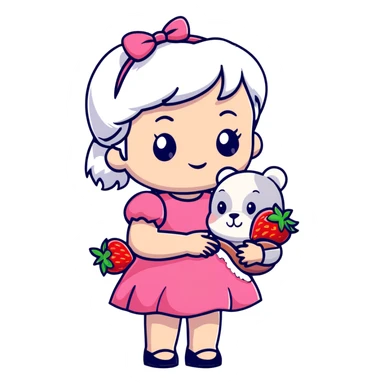 girl with white hair holding a strawberry wearing a pink dress holding a teddy bear sticker