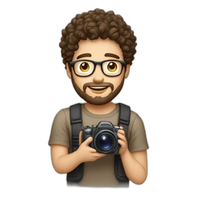 young white guy with dark brown curly hair round face and goatee beard nerd tshirt holding camera sticker