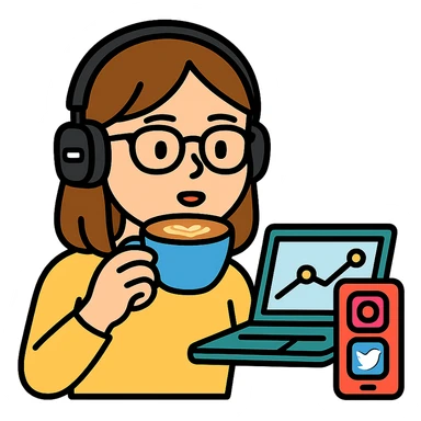 A girl with shoulder-length brown straight hair, wearing black-rimmed glasses, light skin, brown eyes, and black Marshall headphones, drinking a cappuccino. She is a social media manager, so include visual elements like a phone with social media apps or a laptop with analytics. sticker