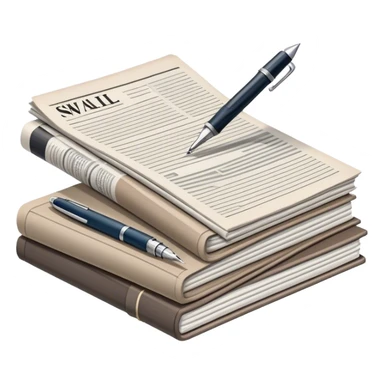 Create an emoji representing journalism and publicistic writing. The design should feature a stack of newspapers as the base, with an open working notebook placed on top of them. A single fountain pen should rest on the very top of the notebook, symbolizing the act of writing. Use neutral, professional colors like black, white, and muted tones to convey a sense of seriousness and intellect. Do not include any emojis or smiley faces. Make the background transparent. sticker
