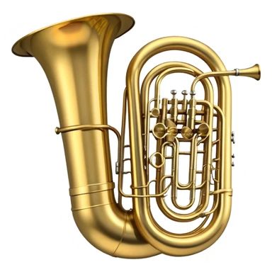 Create a large and bold emoji representing a tuba. The design should feature the tuba’s iconic, large, curved brass body, with its wide bell and tubing wrapping around. Highlight the visible valves and their metal buttons, showcasing the characteristic structure of the instrument. The brass finish should be shiny, with golden tones and subtle reflective light effects to highlight its polished surface. Add soft musical notes or soundwaves emanating from the bell to evoke the deep, resonant sound of the tuba. The background should be transparent. sticker