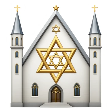 reform jewish synagogue similar in architecture to historical religious architecture in europe. the building should be white with silver/golden features, gothic architectural elements and star of david. no crosses. the emoji should be in ios emoji style. sticker