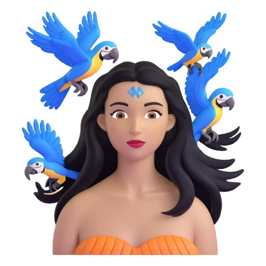 close-up of a woman's face with long black hair, light brown skin, blue macaws flying around her head, and the arches of Atalaia Beach (Aracaju-SE) subtly in the background sticker
