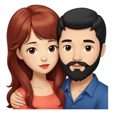 tall handsome mixed white asian man with long black hair and beard, hugging cute tan skin woman with long wavy reddish brown hair with bangs and coral lipstick sticker