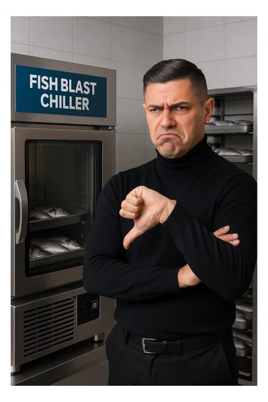 a man stands in front of a commercial fish blast freezer (abbattitore), arms crossed and a displeased, skeptical expression on his face. He shakes his head or gives a thumbs down, clearly rejecting the use of the freezer. The background shows a professional kitchen or fish processing area, with trays of fish ready for freezing. in italiano sticker
