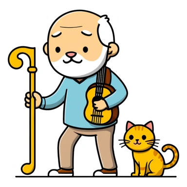  old blind man and his walking stick and guitar ￼ with golden cat  sticker