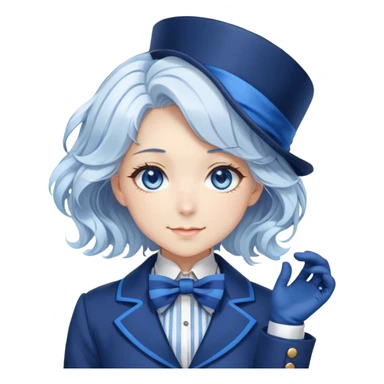 Beautiful gorgeous anime lady with white wavy hair with thin blue stripes, blue eyes, blue short top hat with a blue bow tie, smug grin, blue coat, blue cravat, white gloves sticker